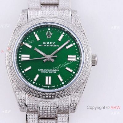 Swiss Quality Replica Rolex Oyster Perpetual Wrist Green Dial Iced Out Diamond 41mm